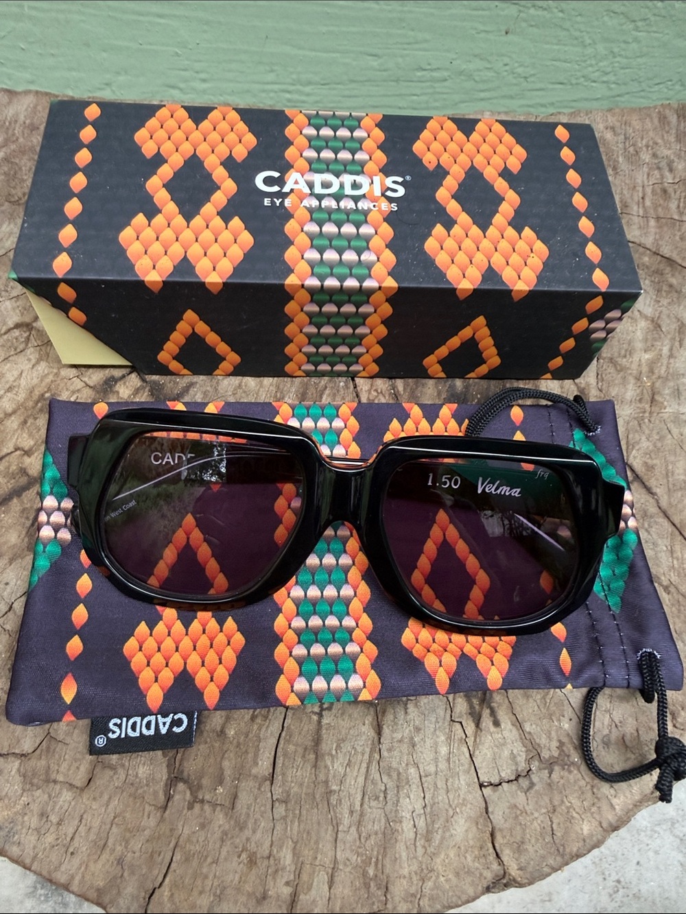 Caddis Velma Sunglasses in Black with Purple Lenses 1.5 readers